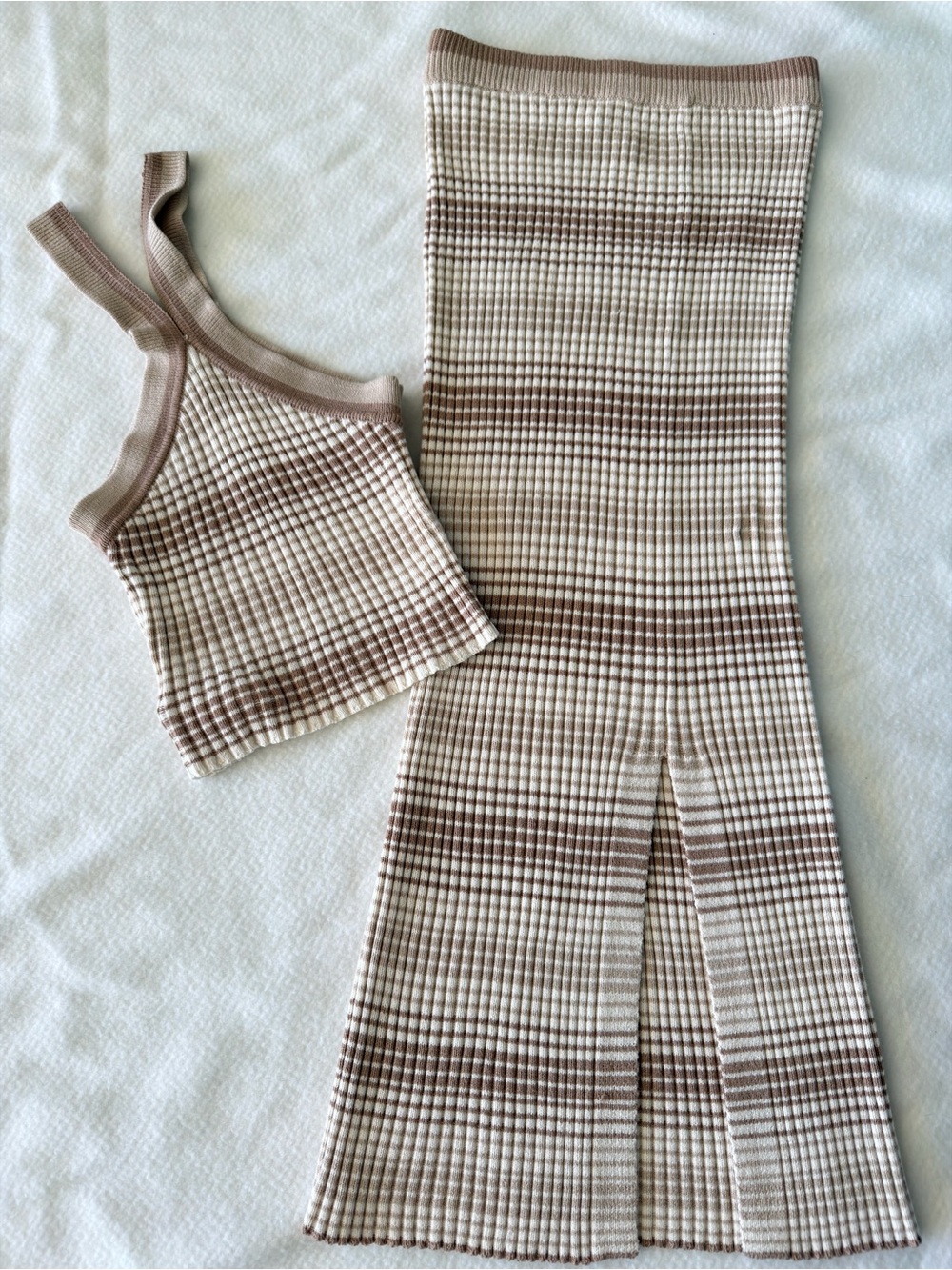 Sincerely Jules Cream & Brown Wide Leg Ribbed Knit  Set